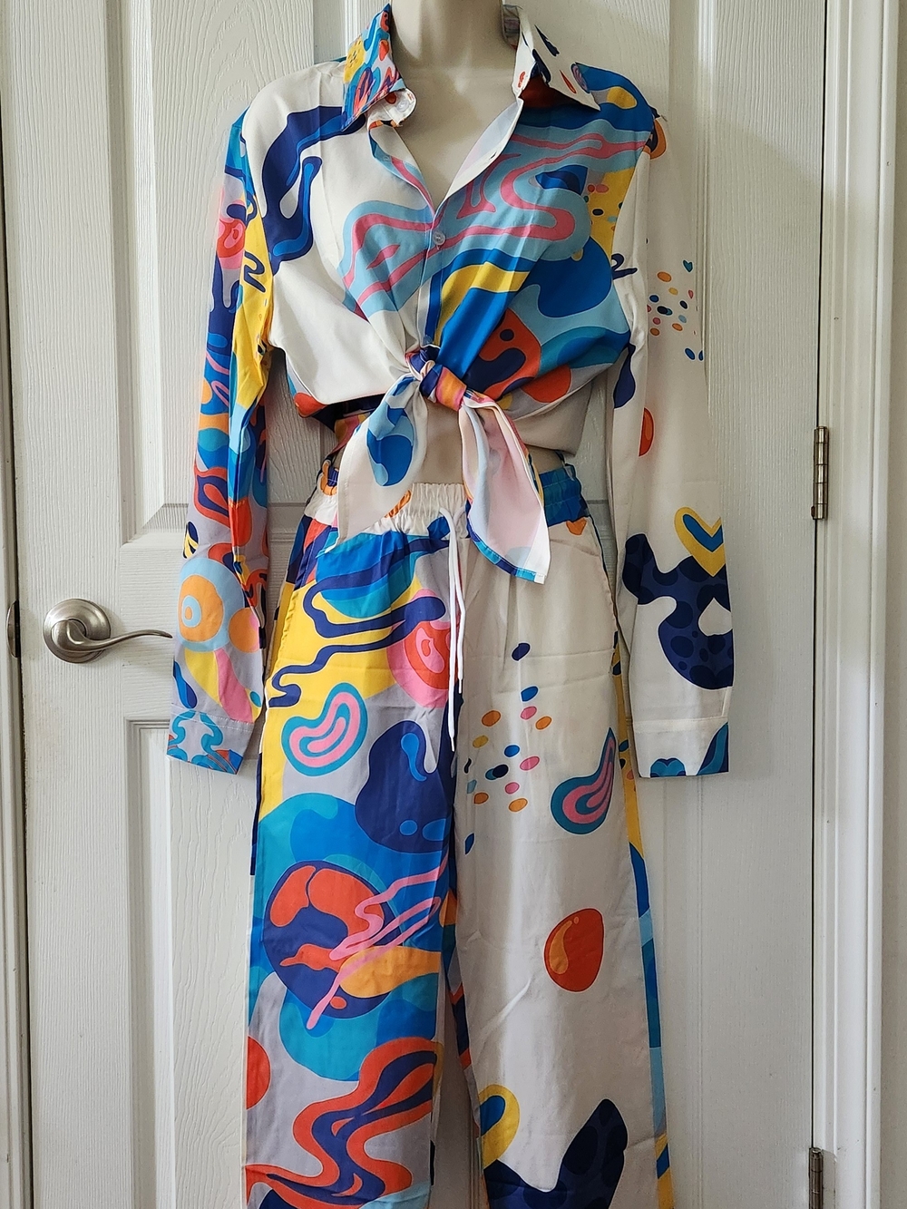 TFY CO Abstract Long Sleeve Resort Wear - Vibrant Blue, Yellow & Pink Print